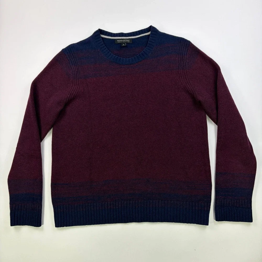 Banana Republic Merino Wool Sweater Mens M Burgundy Navy Blue Striped Crew Neck